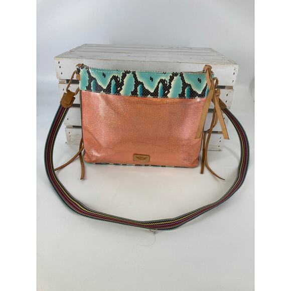 CONSUELA MEDIUM PEACH, TEAL CROSSBODY BAG WITH SNAKE PRINT - Picture 1 of 16